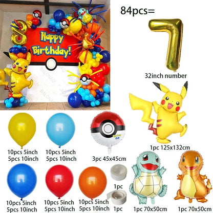 84pcs Pikachu Party Balloons Garland Arch Kit Pokemon Theme Birthday Party Decor Supplies Pikachu Squirtle Bulbasaur Pocket Ball