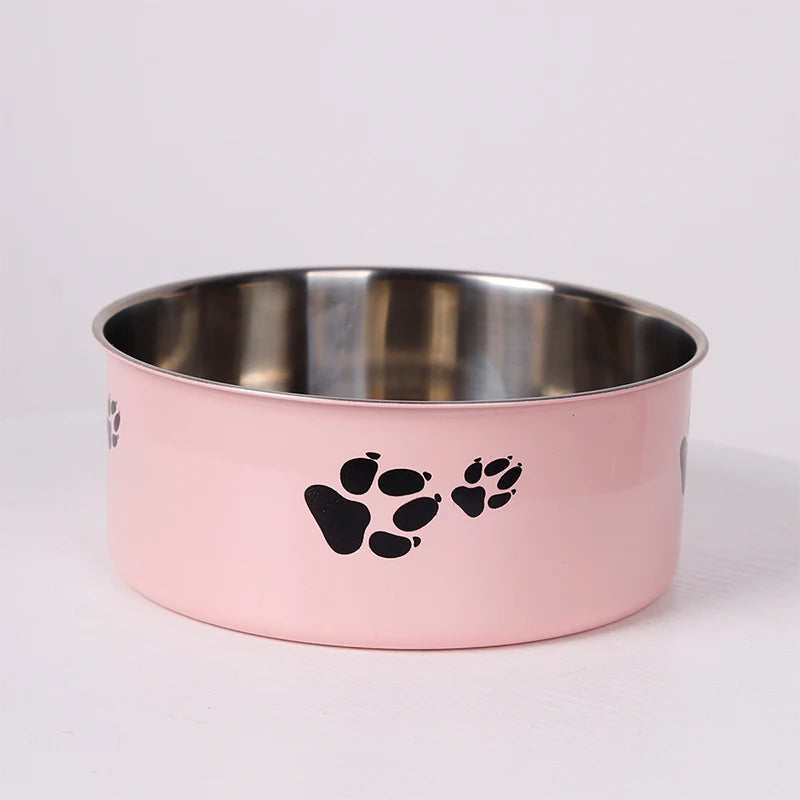 A cartoon-patterned pet bowl, easy to clean, made of stainless steel, suitable for both outdoor and indoor pet owners.