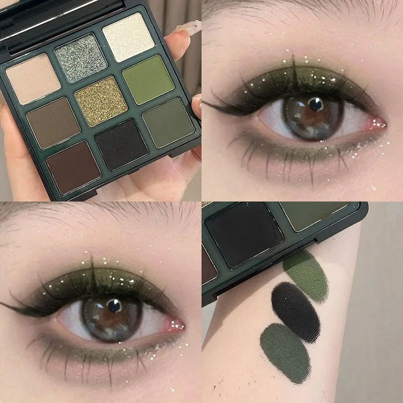 9 Color Eyeshadow Palette Olive Green Smoky Eye Look Pearlescent Shimmer Matte Eyeshadow Powder Makeup Palette Glitter Cosmetics