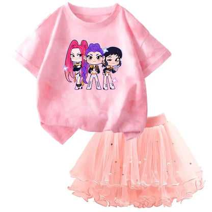 Girls' K-Pop HUNTRX Princess Set: Tie-Dye Graphic Tee & Pearl Tutu Skirt 2-Piece Outfit