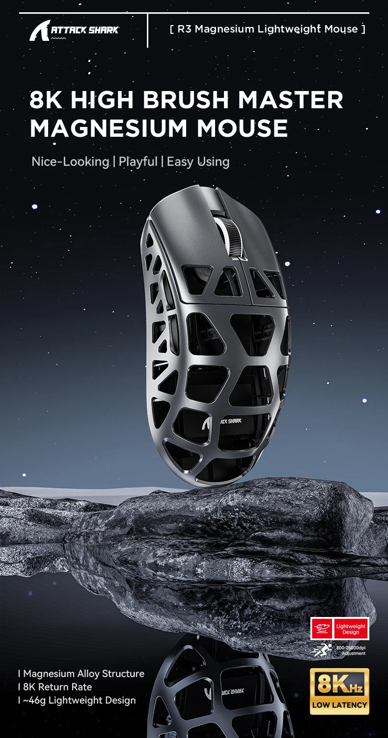 ATTACK SHARK R3 Gaming Mouse Magnesium Alloy Honeycomb,Ultra-Lightweight 8K Hz, PAW3395 Sensor, 26000 DPI, Ergonomic Shel