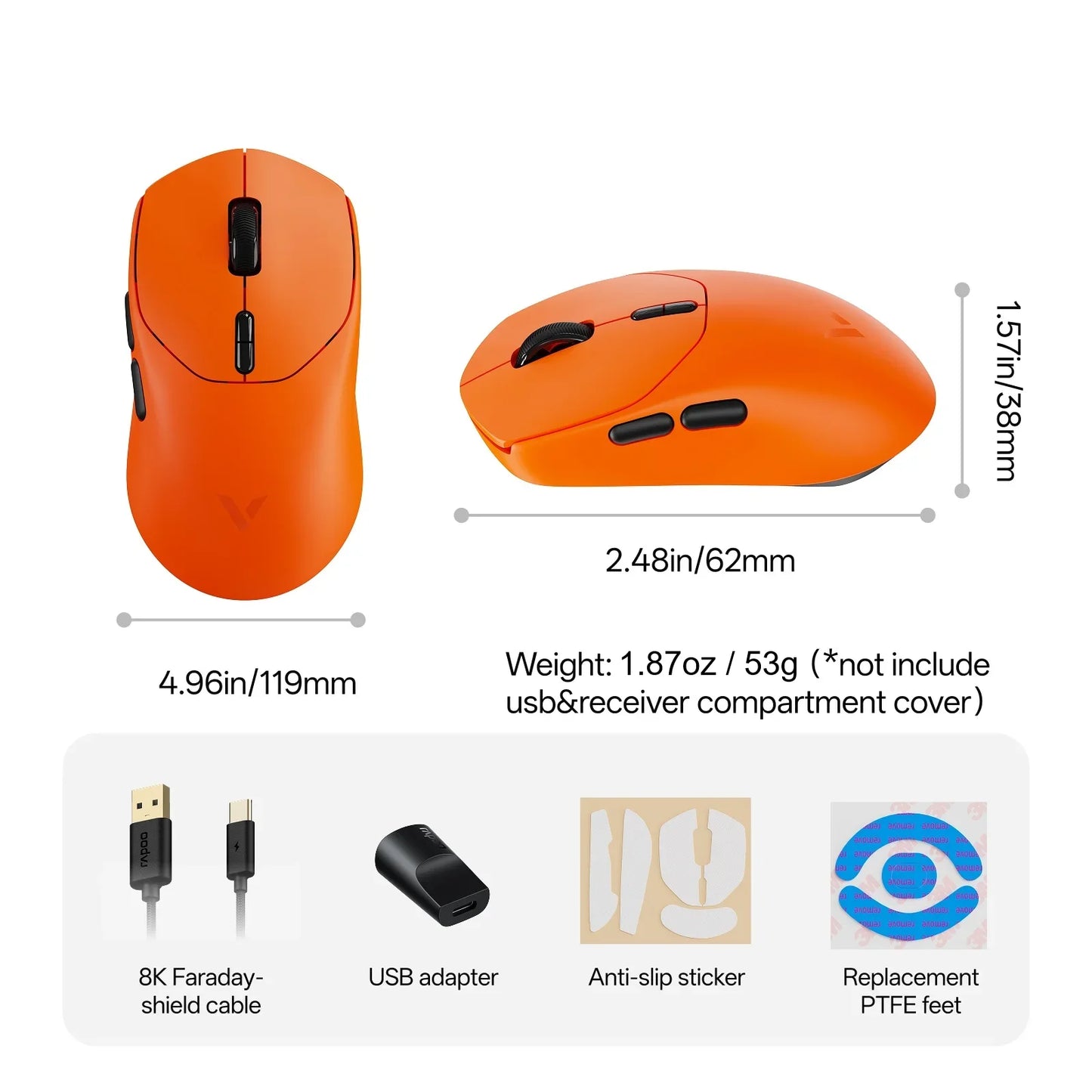 Rapoo VT1 MAX GEN-2 Wireless Gaming Mouse True 8K Wireless Polling Rate 53g Ultra Lightweight Up to 750Hr Battery Life