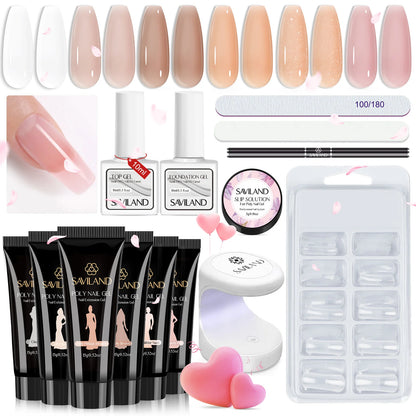 SAVILAND Poly Gel Nail Kit with UV Lamp Starter Set Fast Cure No Lifting Purple Pink Gel with Nail Tips for Beginners Home Salon