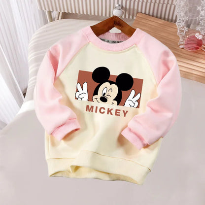 Spring Autumn Children O Neck Hoodies Sets Baby Girls Casual Sweatshirts Kids Spliced Long Sleeved Pullover Mickey Printed