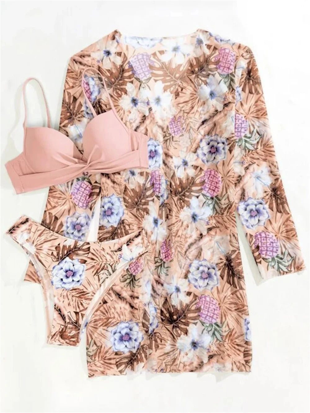 Three Pieces Bikini Set Cover Up Women 2023 New Push Up Twist Swimsuit Print Long Sleeve Swimwear Biquini Bathing Suit Summer