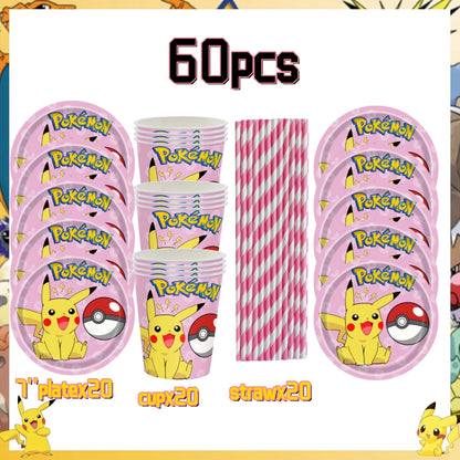Pink Pokemon Birthday Party Decoration Disposable Tableware Set Pikachu Tablecloth Cup Plate Baby Shower Kids Diy Party Supplies