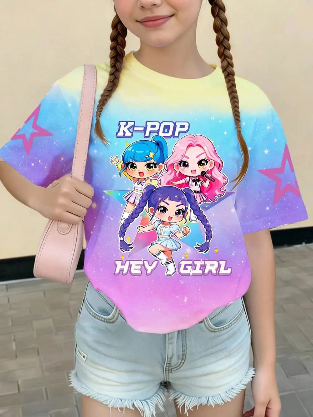 Kpop Cartoon Graphic Girls T-Shirt Casual Round-Neck T-Shirt Suitable for Girls Kids Gift Short Sleeve Tops Children's Clothing