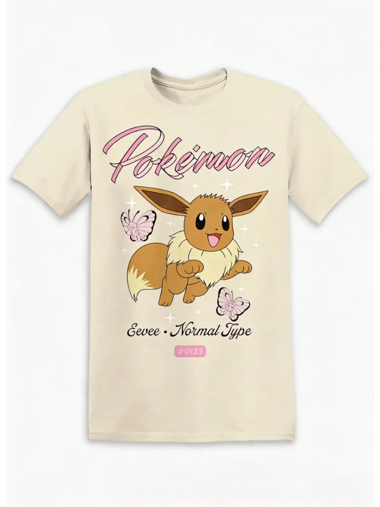 Bandai New Pokemon Genie Eevee Butterfly Print High Quality Fashion Men's Short Sleeve Parent-Child Loose Comfortable T-Shirt