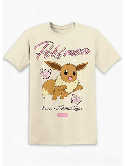 Bandai New Pokemon Genie Eevee Butterfly Print High Quality Fashion Men's Short Sleeve Parent-Child Loose Comfortable T-Shirt