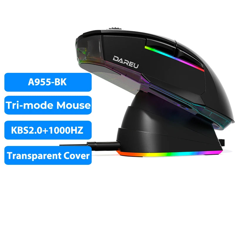 DAREU PC Gamer Mouse 12000DPI RGB Tri-mode Wireless Bluetooth Mice with Charging Dock AIM-WL Sensor for Laptop PC