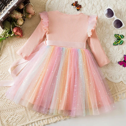 My Little Ponys Colorful Princess Dress for Kids Girls Casual Long Sleeve Sequin Mesh Dresses Party Gift 1-5Y