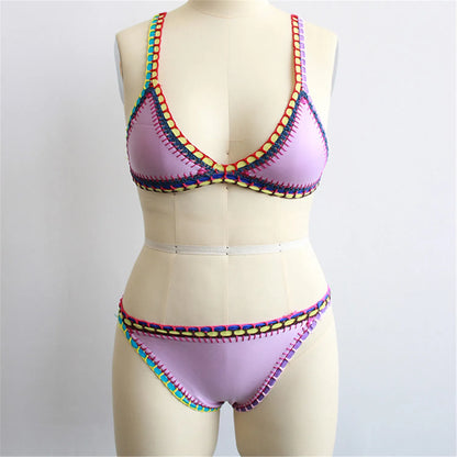 Bikini Crochet 2025 Handmade Knit Patchwork Reversible 2 Piece Swimsuit Women Halter Top Brazilian Bathing Suit Thong Swimwear