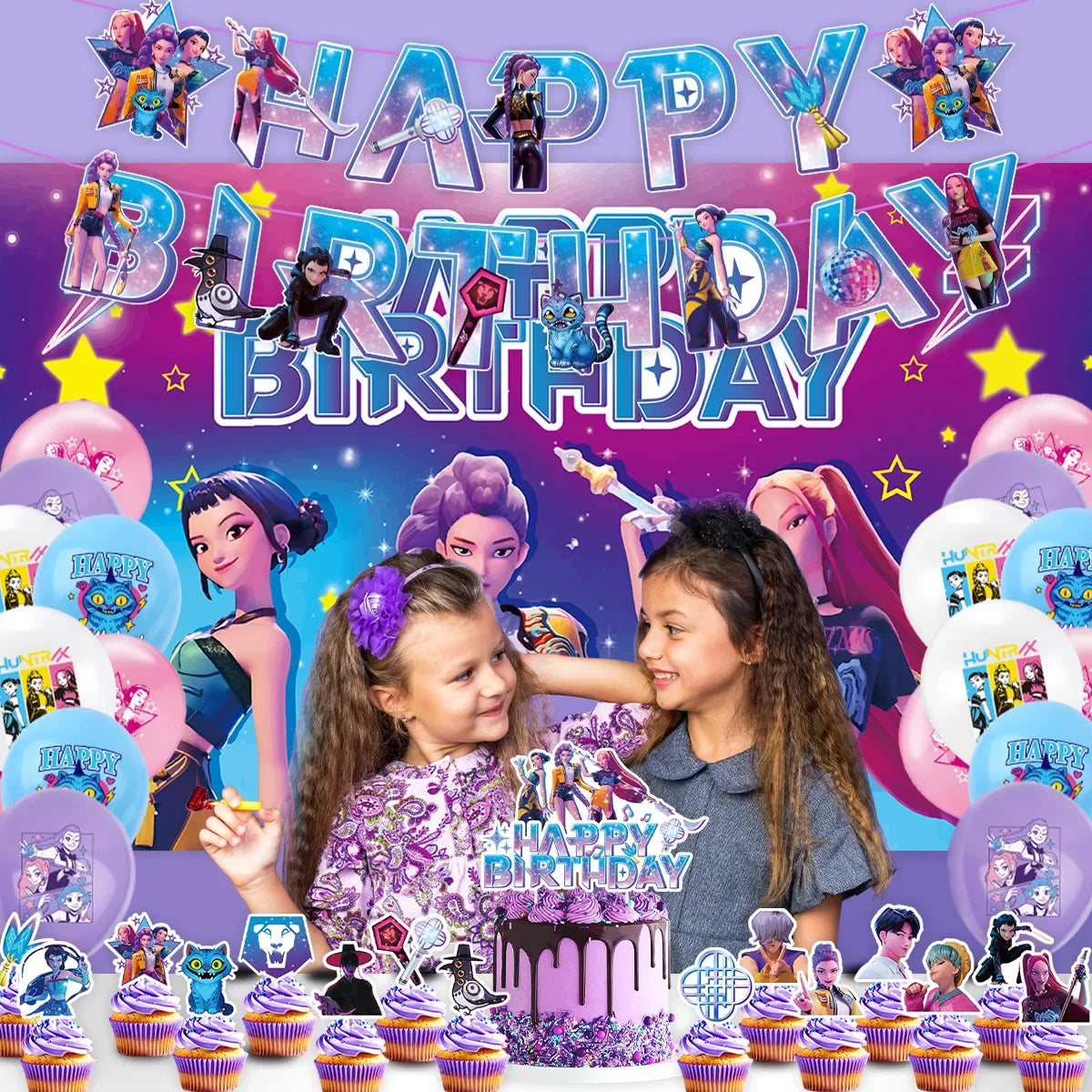 K-Pop Hunters "Starry Night" Deluxe Party Kit: Giant Backdrop, Banner & Balloon Set
