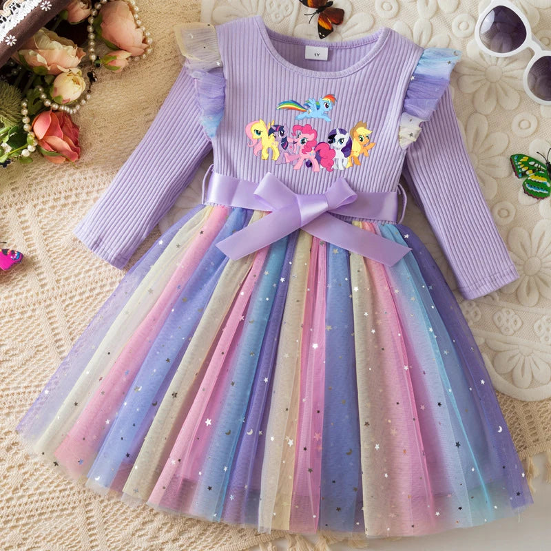 My Little Ponys Colorful Princess Dress for Kids Girls Casual Long Sleeve Sequin Mesh Dresses Party Gift 1-5Y