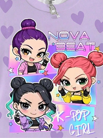 Girls' Nova Beat "Heart Pattern" Graphic Tee: Purple Chibi Idol Summer T-Shirt
