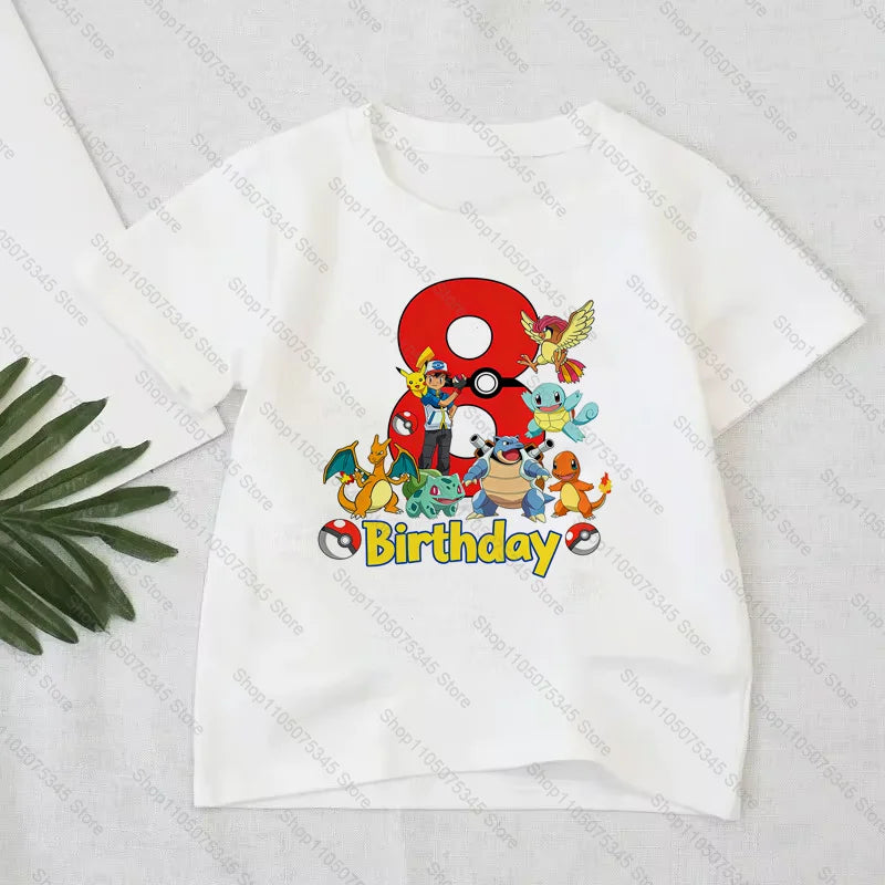 Pokémon Anime Printed T-Shirt Boys Girls Birthday Number 1-10 Clothes Fashion Figure Short-sleeved Kids Summer Birthday Gift