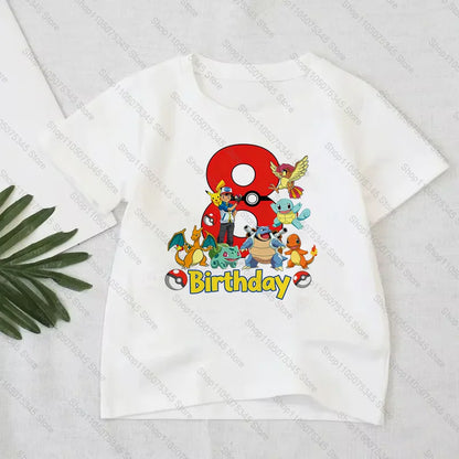 Pokémon Anime Printed T-Shirt Boys Girls Birthday Number 1-10 Clothes Fashion Figure Short-sleeved Kids Summer Birthday Gift