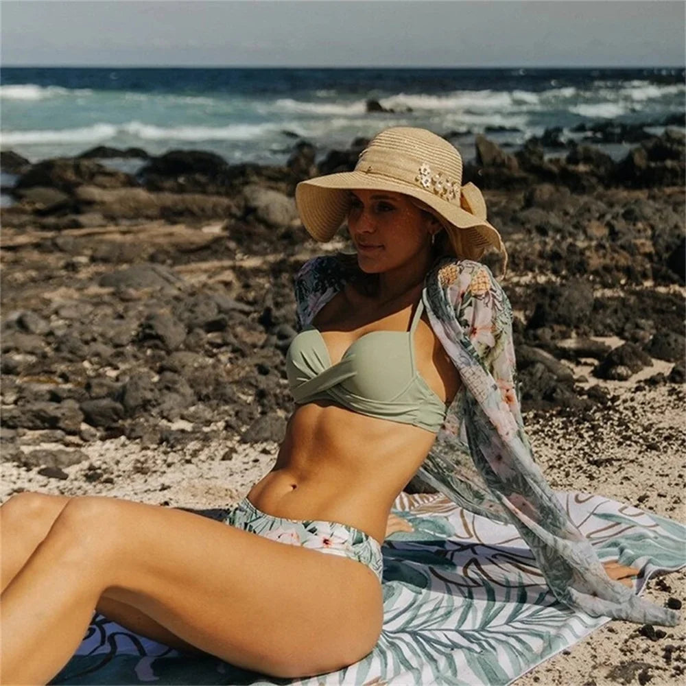 Three Pieces Bikini Set Cover Up Women 2023 New Push Up Twist Swimsuit Print Long Sleeve Swimwear Biquini Bathing Suit Summer
