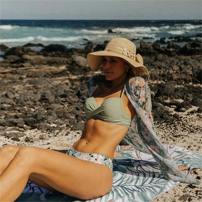 Three Pieces Bikini Set Cover Up Women 2023 New Push Up Twist Swimsuit Print Long Sleeve Swimwear Biquini Bathing Suit Summer