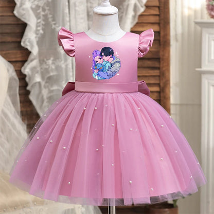 Girls' K-Pop "Pearl Essence" Gala Gown: Pink Tulle Tutu Dress with XL Back Bow & Beading