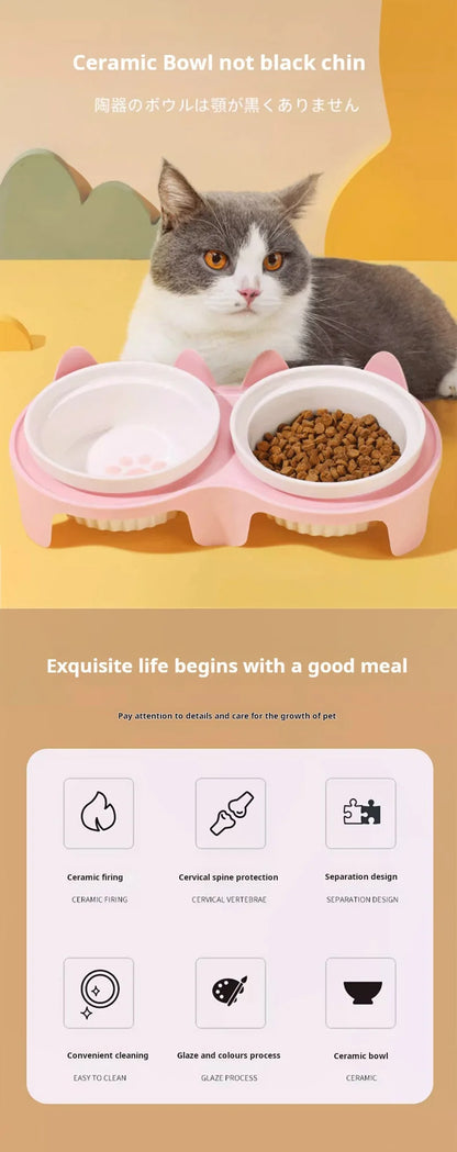 Cat bowl ceramic, cat food bowl double bowl drinking water, dog basin, pet oblique mouth to protect the cervical vertebrae