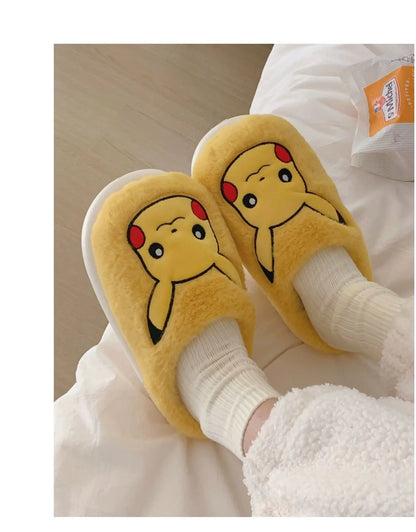 Pokemon Anime Couple Slippers Cute Pikachu Eevee Cartoon Cotton Home Shoes for Men And Women with Velvet Insulation Winter Gifts