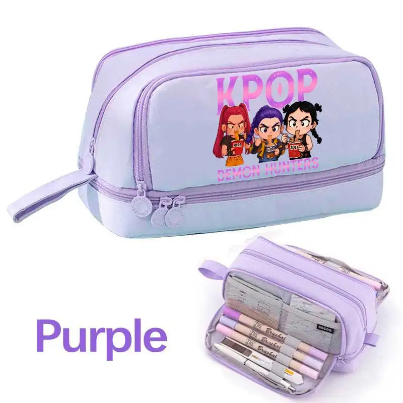 KPOP Pencil Case Student Storage Bag Stationery Large Space Storage 4 Compartment Pouch Double Side Opened