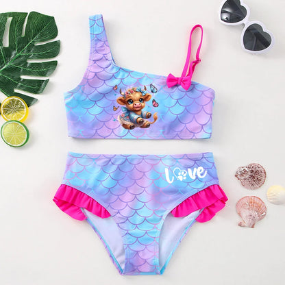 Girls' "Nature Love" Bikini Set: Mermaid Scale Pattern with Chibi Fox & Asymmetric Ruffles