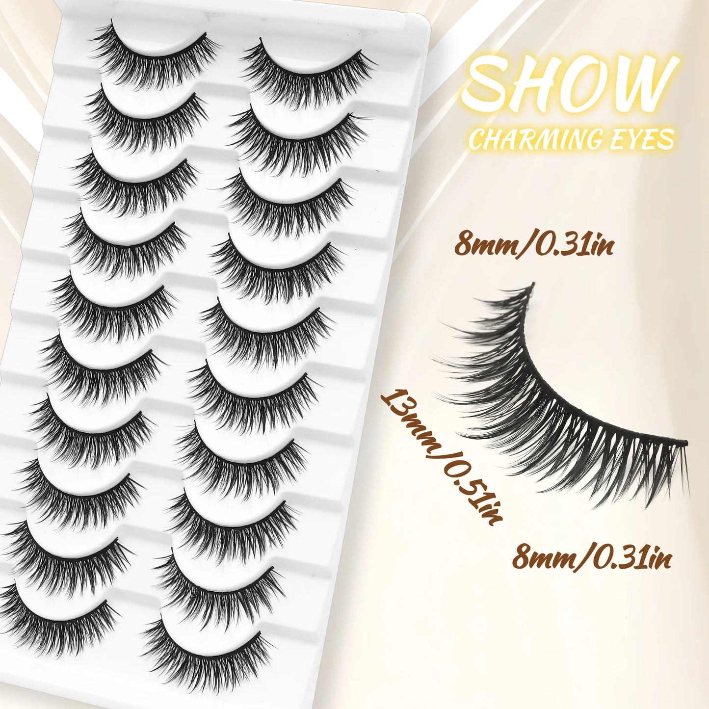 10 pairs of cat-eye false eyelashes, with a natural and thick appearance, length 10-15 millimeters, suitable for beginners
