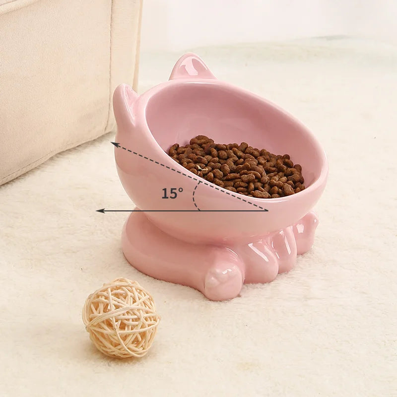 Cute Ceramic Cat Bowl with High Feet Dog Drinking Water Bowl Pet Supplies Cervical Spine Protection Diagonal Design Accessories