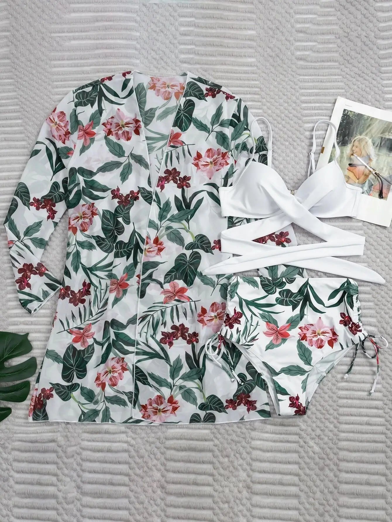 Three Pieces Bikini Set Cover Up Women 2023 New Push Up Twist Swimsuit Print Long Sleeve Swimwear Biquini Bathing Suit Summer