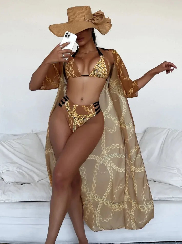Three Pieces Bikini Set Cover Up Women 2023 New Push Up Twist Swimsuit Print Long Sleeve Swimwear Biquini Bathing Suit Summer