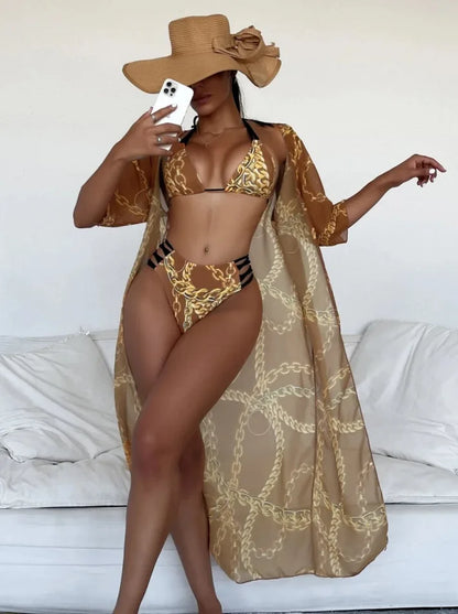 Three Pieces Bikini Set Cover Up Women 2023 New Push Up Twist Swimsuit Print Long Sleeve Swimwear Biquini Bathing Suit Summer