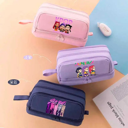 KPOP Pencil Case Student Storage Bag Stationery Large Space Storage 4 Compartment Pouch Double Side Opened