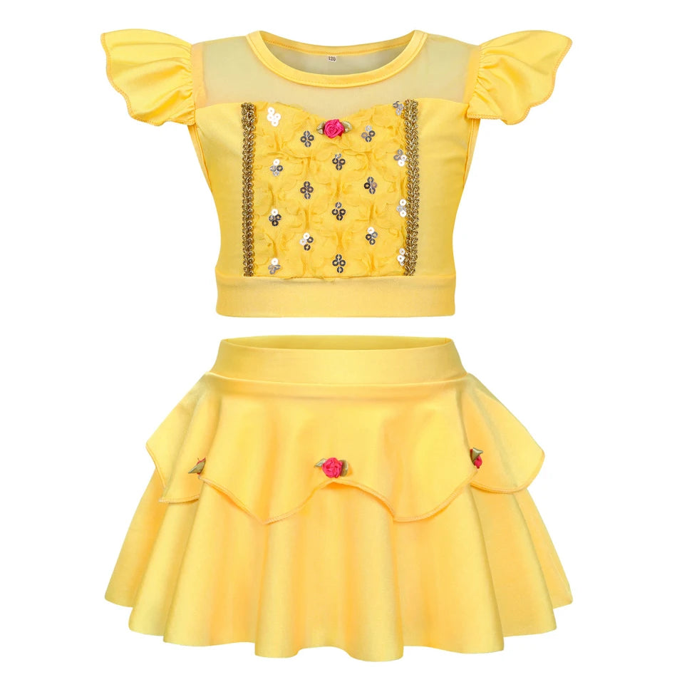 Girls Princess Swimsuit Cinderella Elsa Belle Rapunzel Cosplay Beachwear Kids Summer Fashion 2 Pcs Swimsuit Sets 2-9Yrs