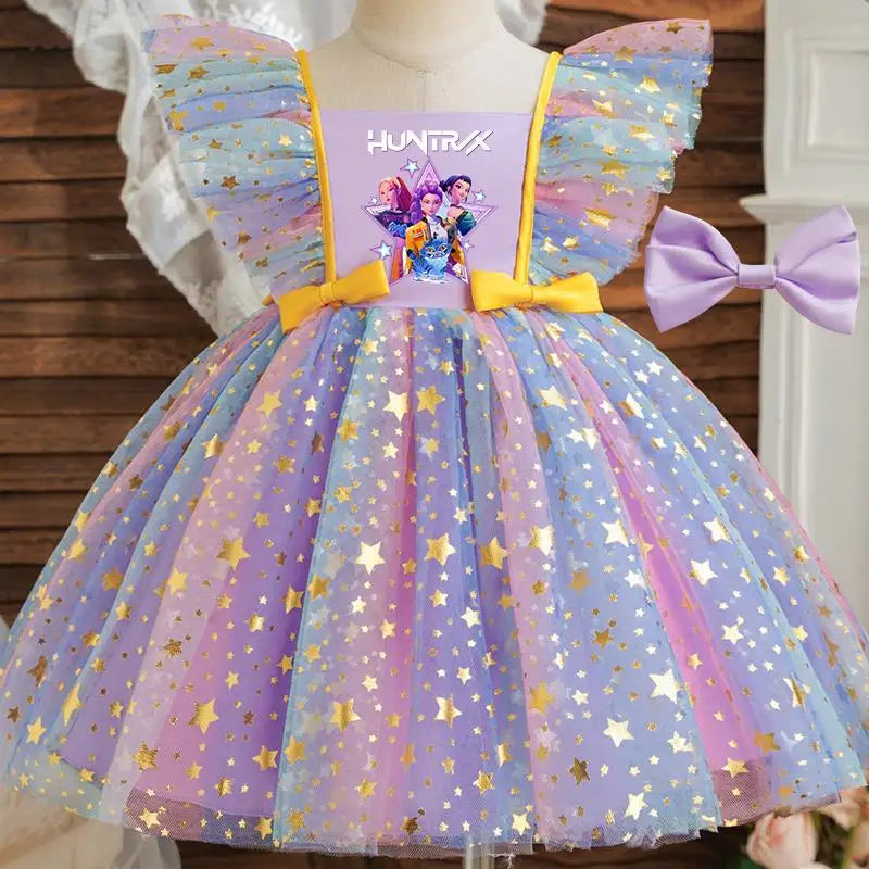 Girls' K-Pop HUNTRX "Holiday Star" Tutu Dress: Rainbow Tulle Gown with Gold Sequins & Ruffle Wings