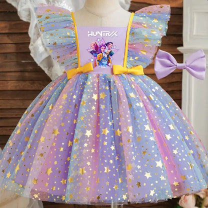 Girls' K-Pop HUNTRX "Holiday Star" Tutu Dress: Rainbow Tulle Gown with Gold Sequins & Ruffle Wings