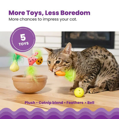 Wobbling Cat Toy Fruit Bowl with 5 Interactive Catnip Toys Jingle Ball Plush Flingers Indoor Entertainment Cats
