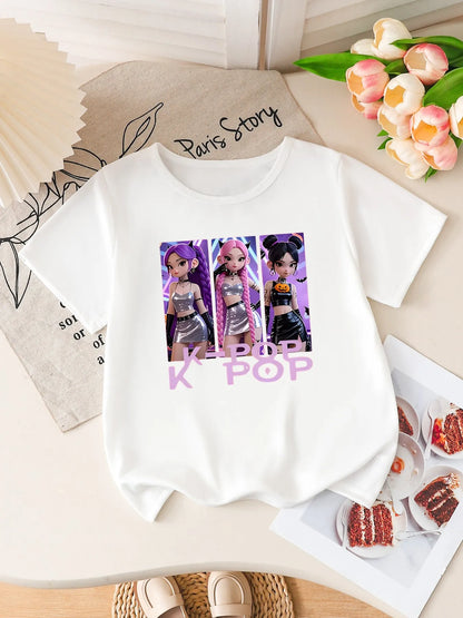 Girls K-POP Halloween Demon Idol Print Short Sleeve T-Shirt Cute Cartoon Graphic Tee Kids Summer Casual Top