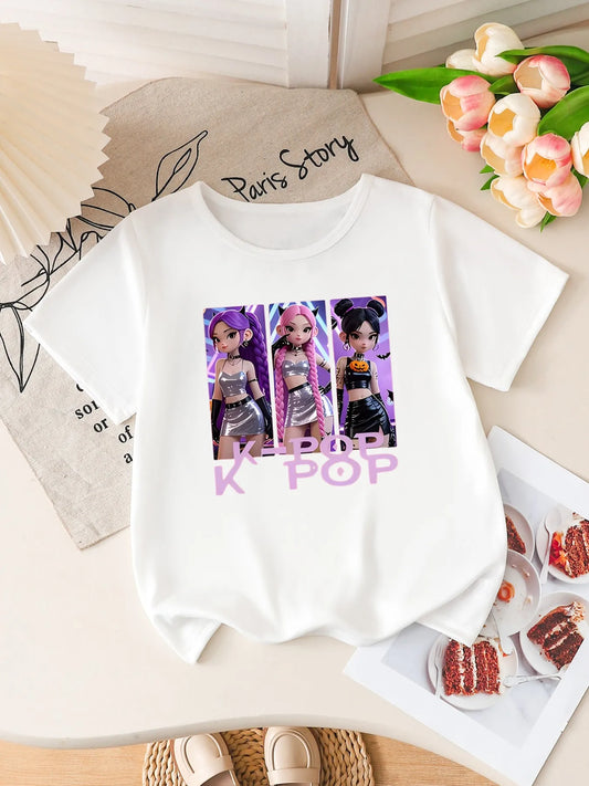 Girls K-POP Halloween Demon Idol Print Short Sleeve T-Shirt Cute Cartoon Graphic Tee Kids Summer Casual Top