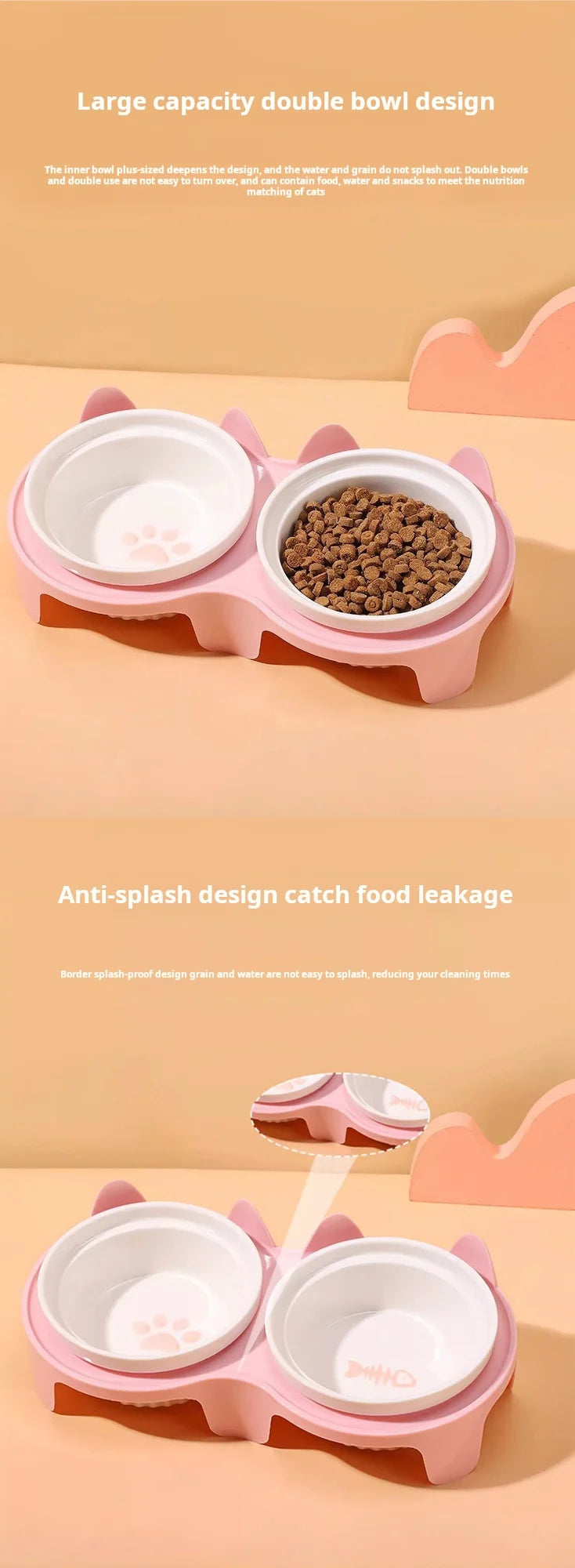 Cat bowl ceramic, cat food bowl double bowl drinking water, dog basin, pet oblique mouth to protect the cervical vertebrae