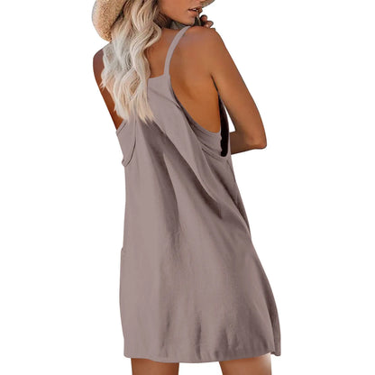 Women's Tennis Dress Solid Color Pocket Sexy Suspender Fake Two-piece Loose Breathable Comfortable Sports Dress