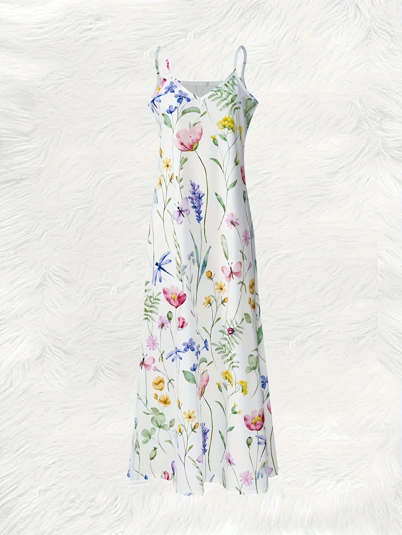 Printed Design Four Seasons casual style Floral Pattern With Butterflies And Leaves V-neck sling dress