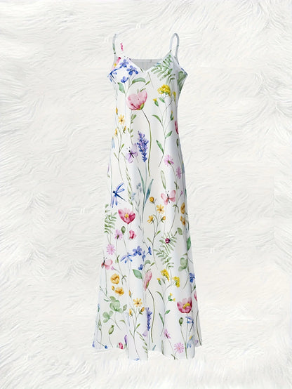Printed Design Four Seasons casual style Floral Pattern With Butterflies And Leaves V-neck sling dress