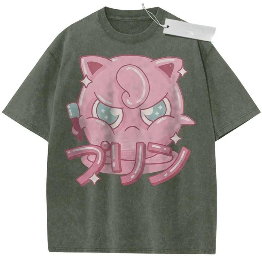 T Shirt Sports T Shirt Short Sleeve T Shirt Rose Red Unisex Pure Cotton Washed Vintage Pokemon Jigglypuff Anime Print