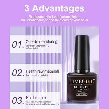 LIMEGIRL 8ML Gel Nail Polish Kit Semi-Permanent Soak Gel Varnish Base Coat Polishing Tool with UV LED Light Nail Gel Kit