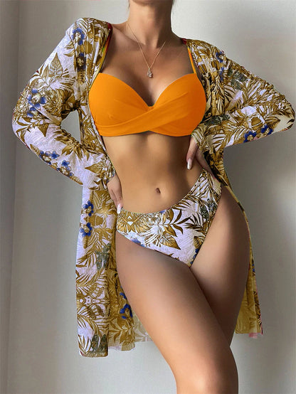 Three Pieces Bikini Set Cover Up Women 2023 New Push Up Twist Swimsuit Print Long Sleeve Swimwear Biquini Bathing Suit Summer
