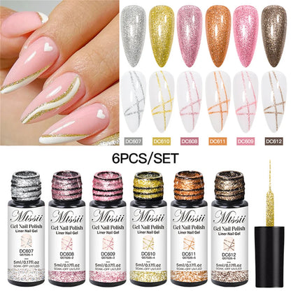2/3/4/6pcs Platinum Glitter Liner Gel Nail Polish Set Gold Silver Sparkle Pull Line Gel Graffiti Painting Stripe DIY French Nail