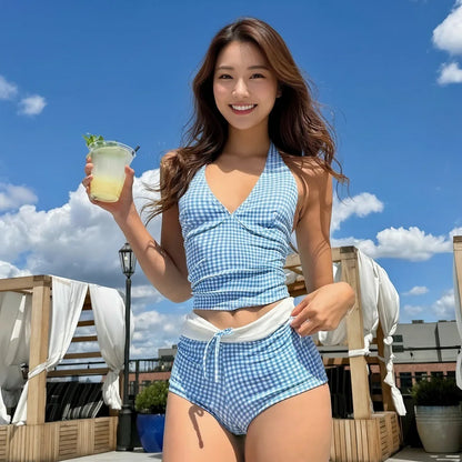 Color-blocking Tartan Wraparound Split One-Piece Swimsuit for Women - Slimming Body-Shaping High Appearance Value Unique Design