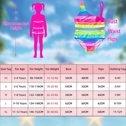 Two-piece rainbow striped girl's swimsuit featuring a golden crown 'Queen' graphic and a pink decorative bow.